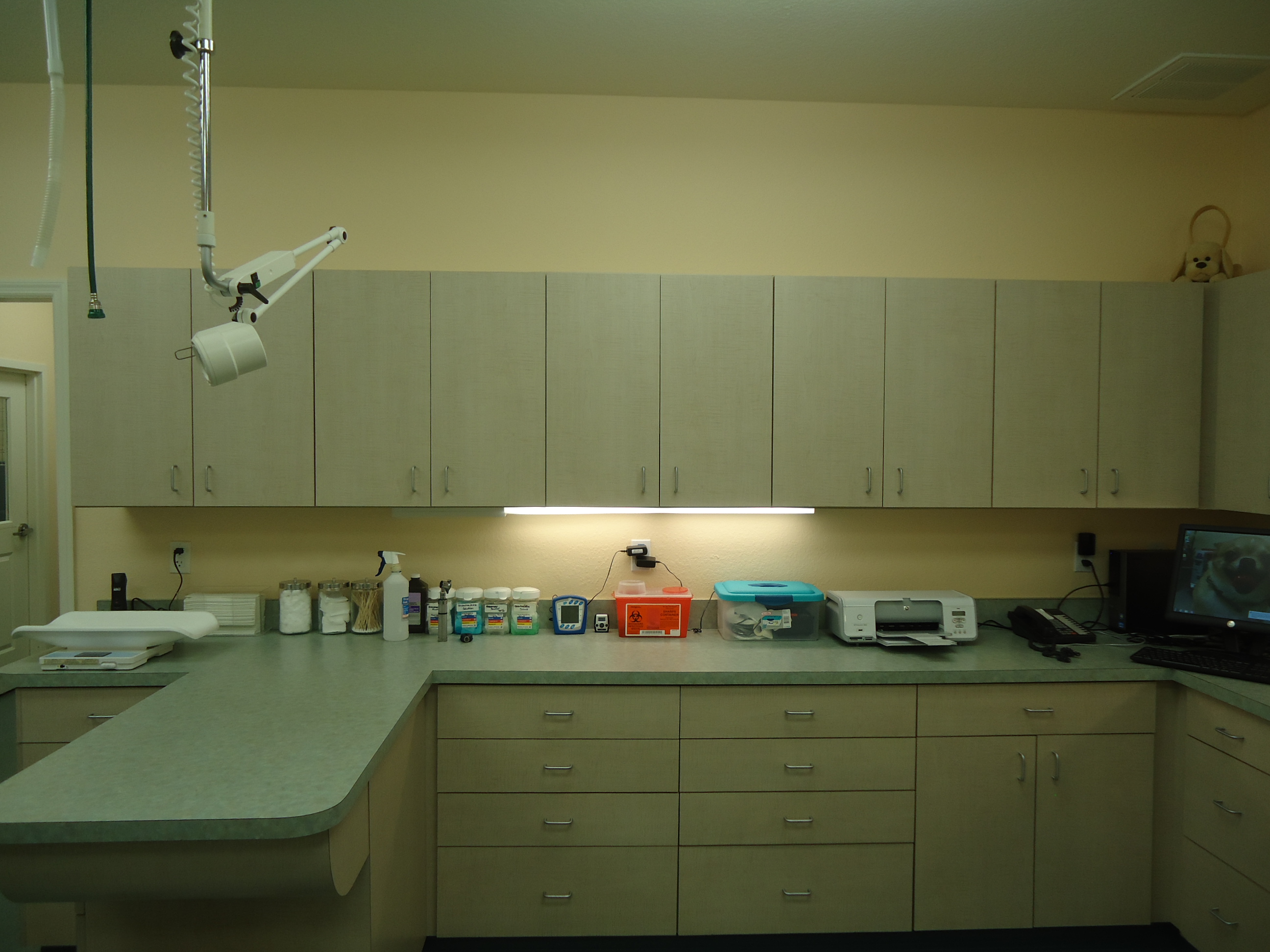 Treatment Area with Scale, Cleaning Supplies, Bandages, a Computer and other various equipment