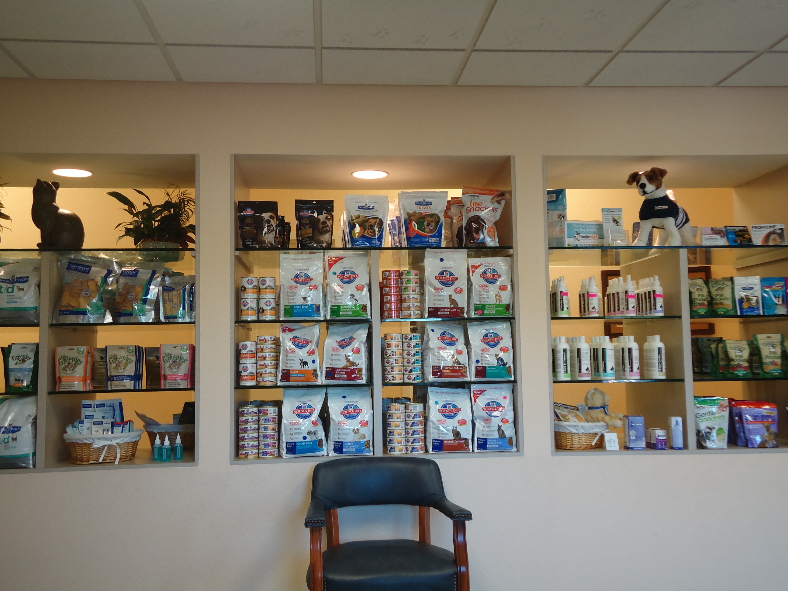Different products for sale on shelving units - reception area / waiting room